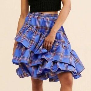 MAEVE Anthropologie Ruffle Tiered Plaid Puff Skirt Blue Purple Yellow, Size 8